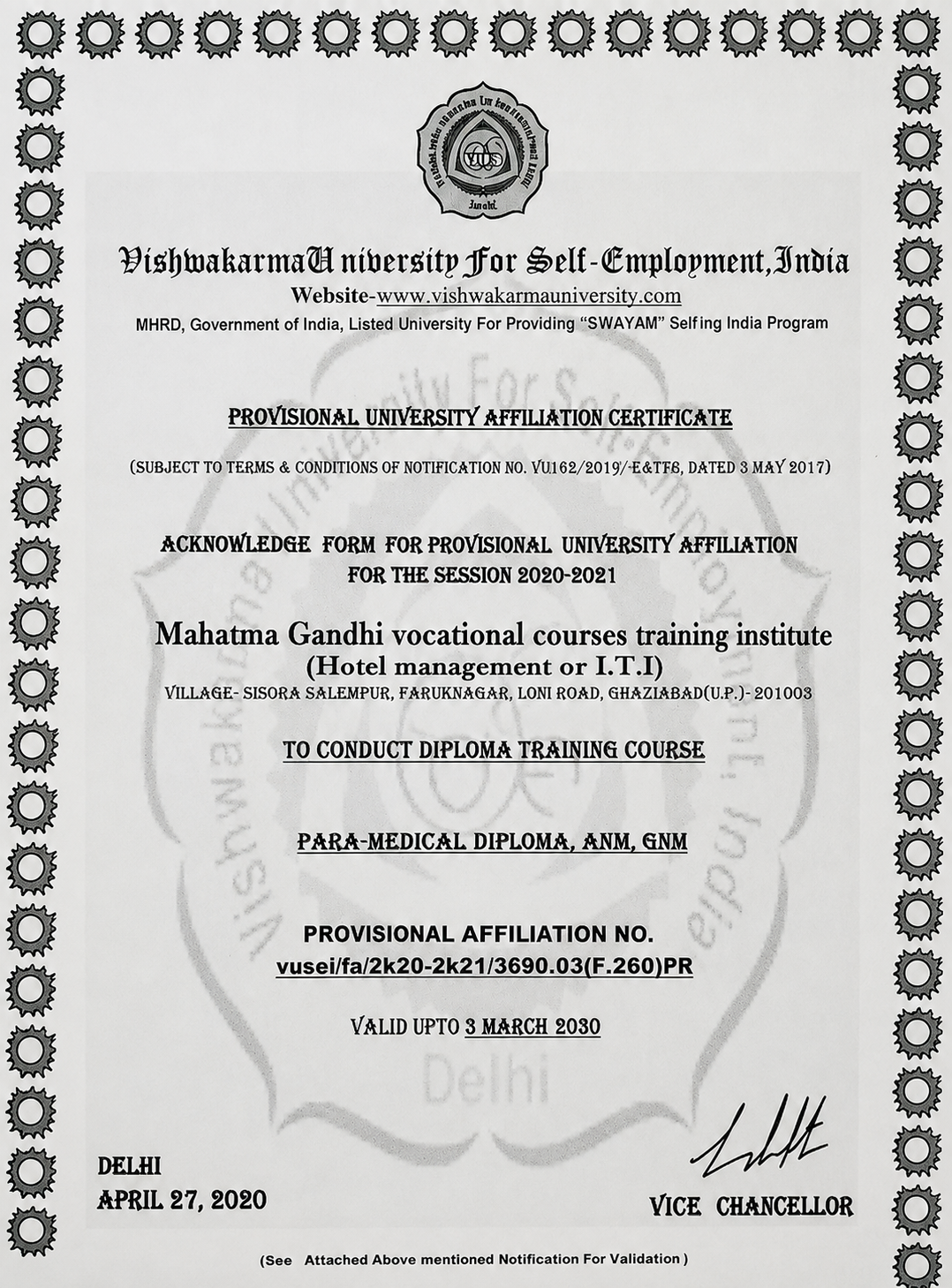 Mahatma Gandhi Vocational Courses Training Institute Registration Certificate