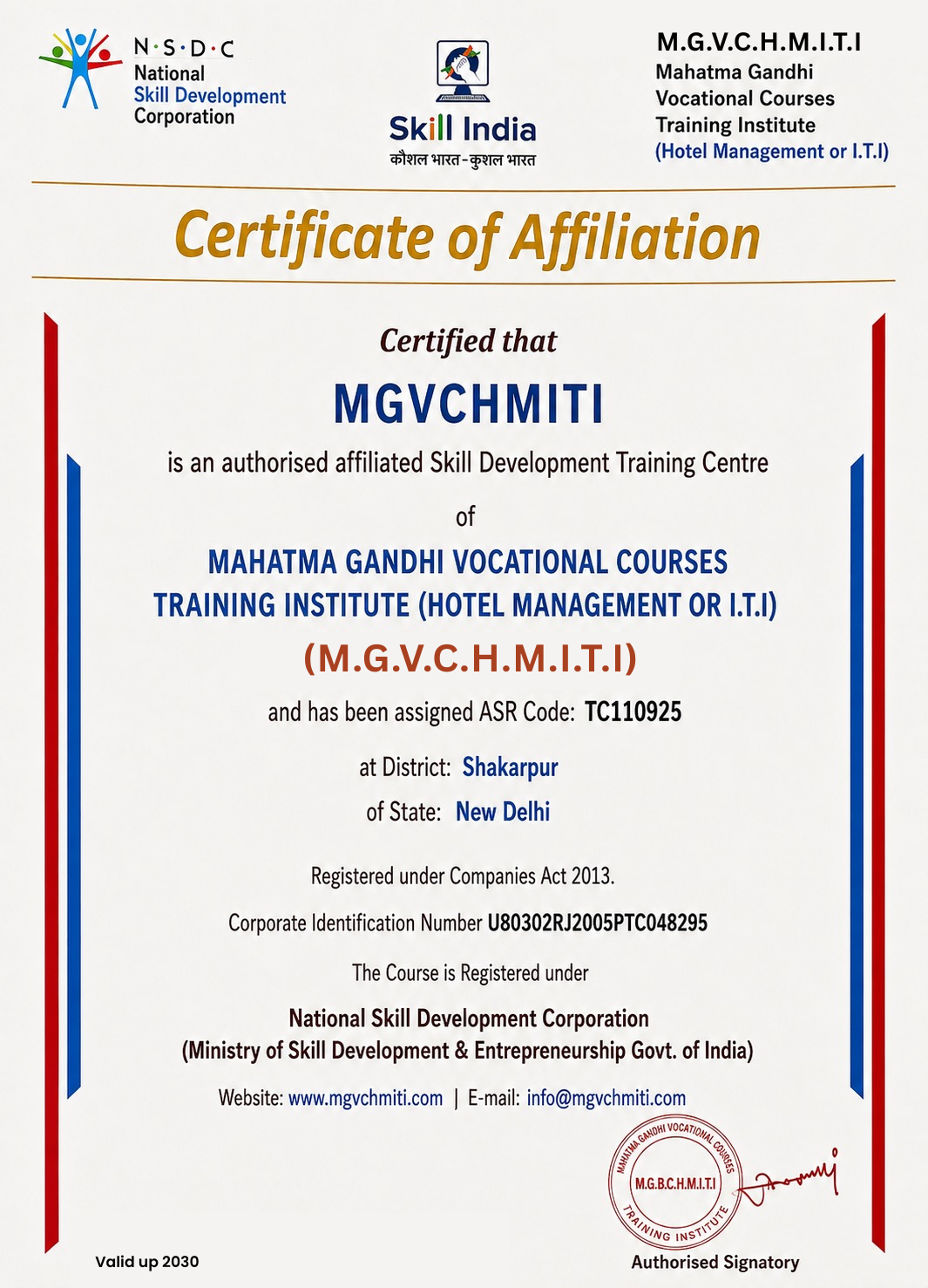 Mahatma Gandhi Vocational Courses Training Institute Registration Certificate