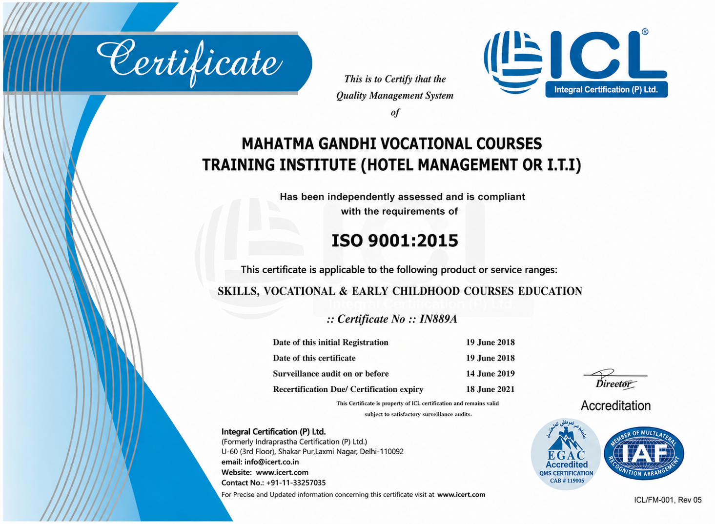 Mahatma Gandhi Vocational Courses Training Institute Registration Certificate